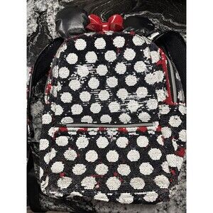 Disney Parks Minnie Mouse Reversible Sequined Backpack RED/BLACK White Dots